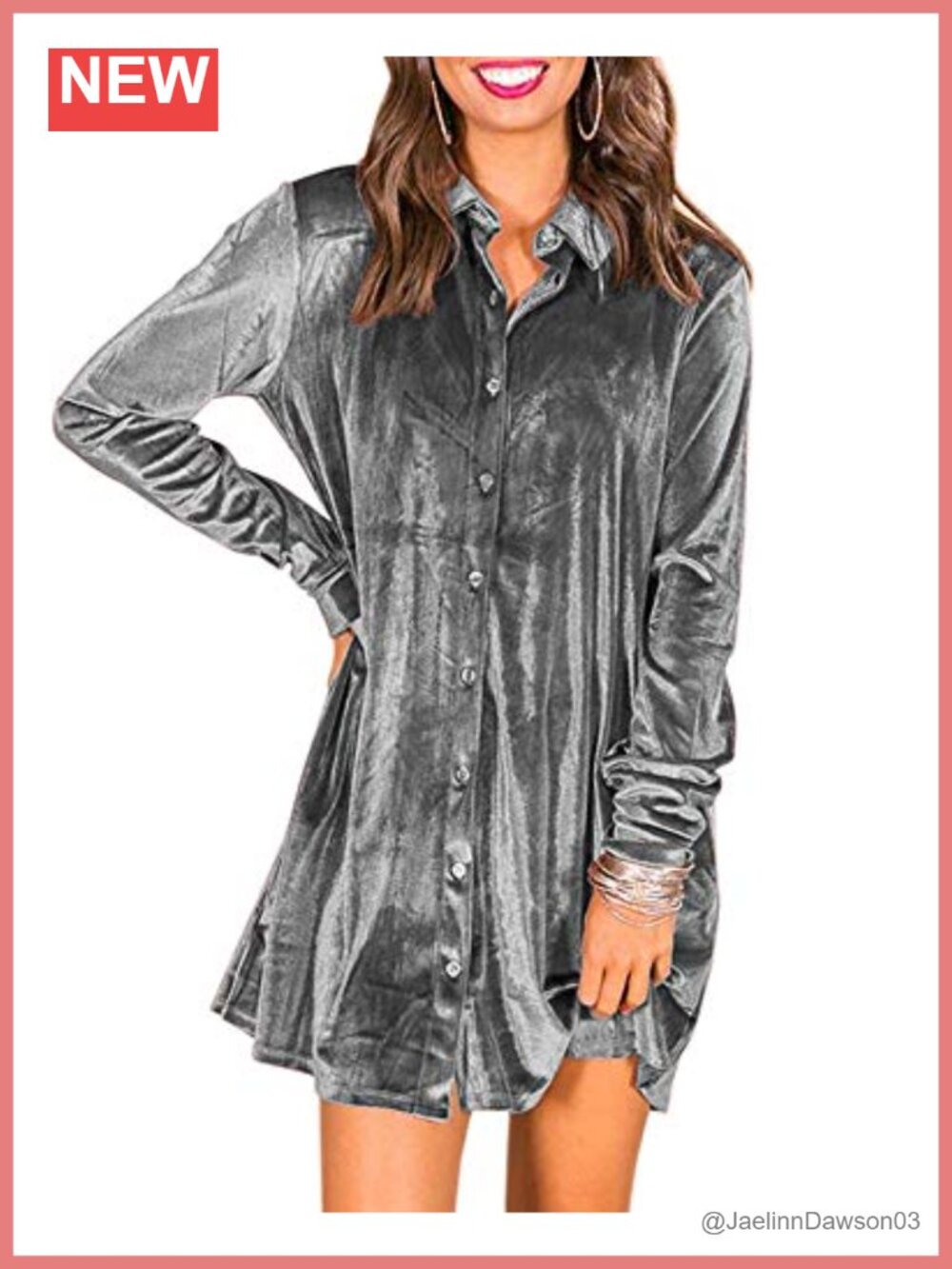 Velvet Button Down Swing Mini Dress Long Sleeve Tunic Top with Pockets